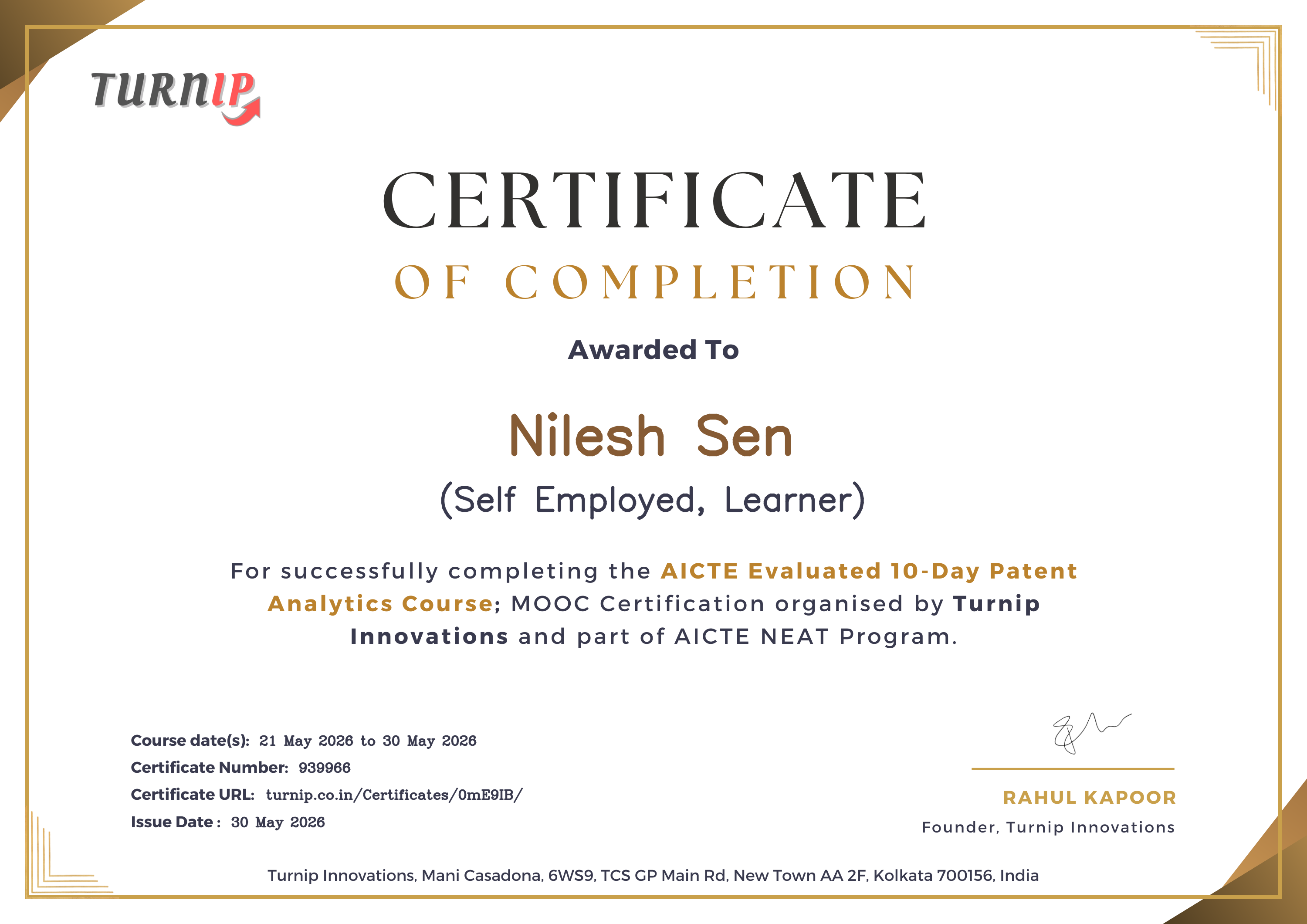 Certificate of Completion for Nilesh Sen