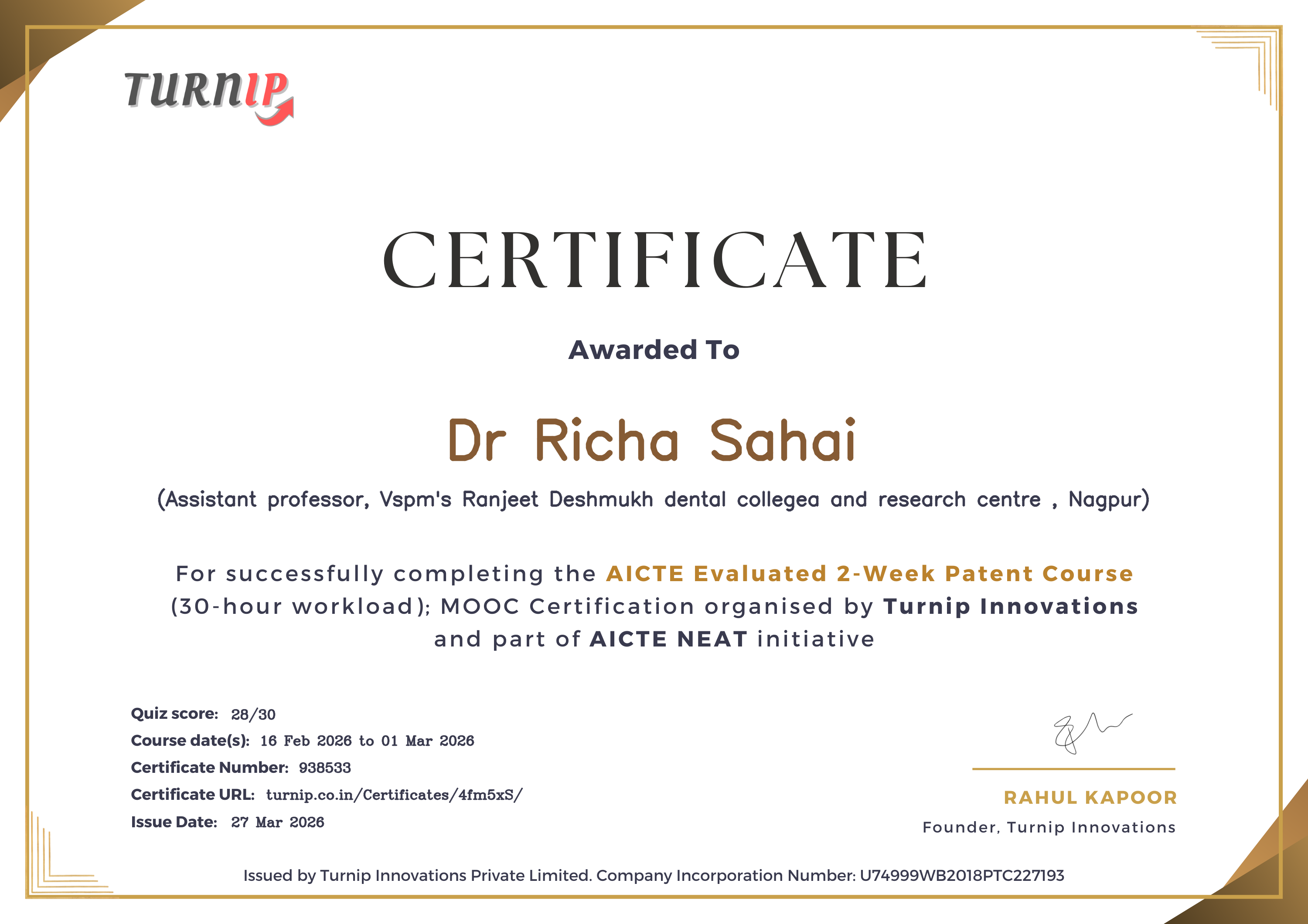 Certificate of Completion for Dr Richa Sahai