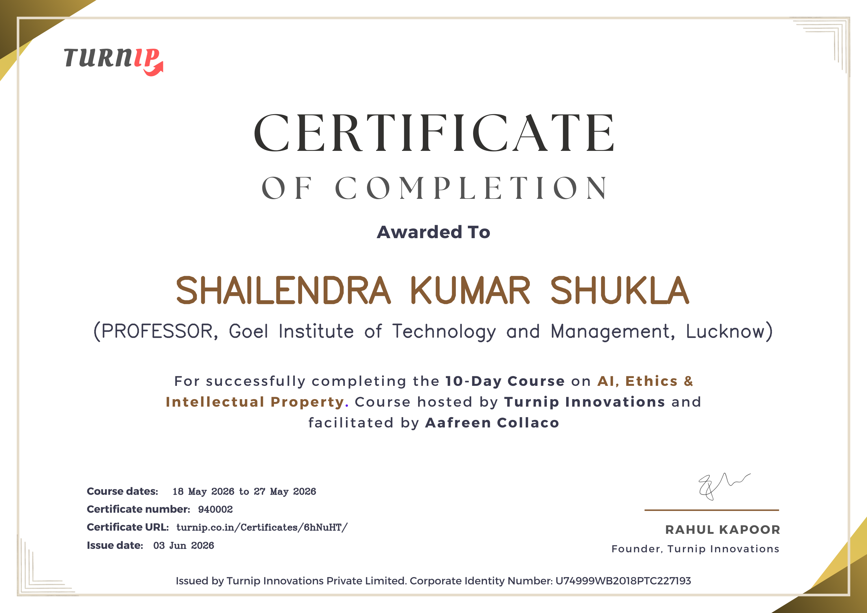 Certificate of Completion for SHAILENDRA KUMAR SHUKLA