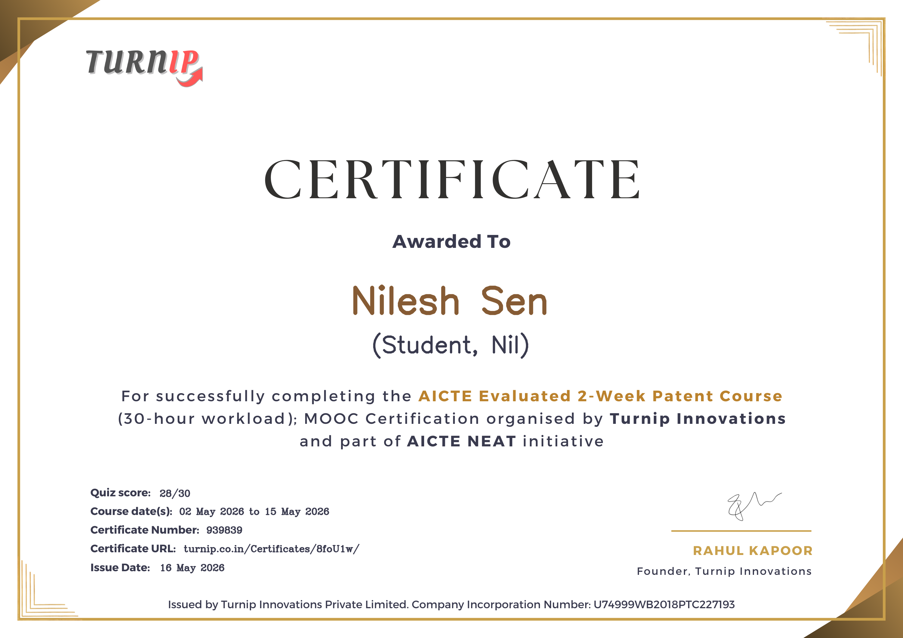 Certificate of Completion for Nilesh Sen