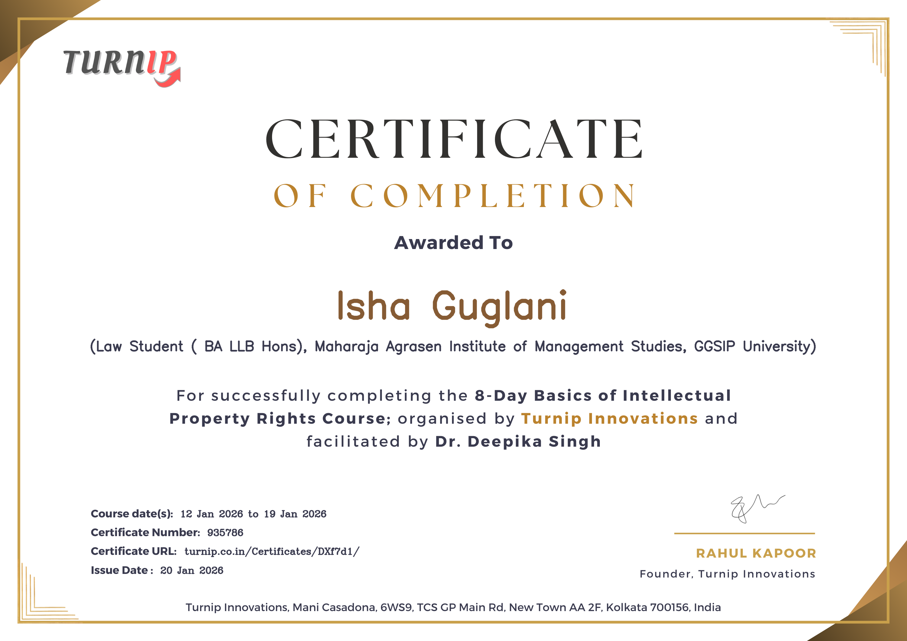 Certificate of Completion for Isha Guglani