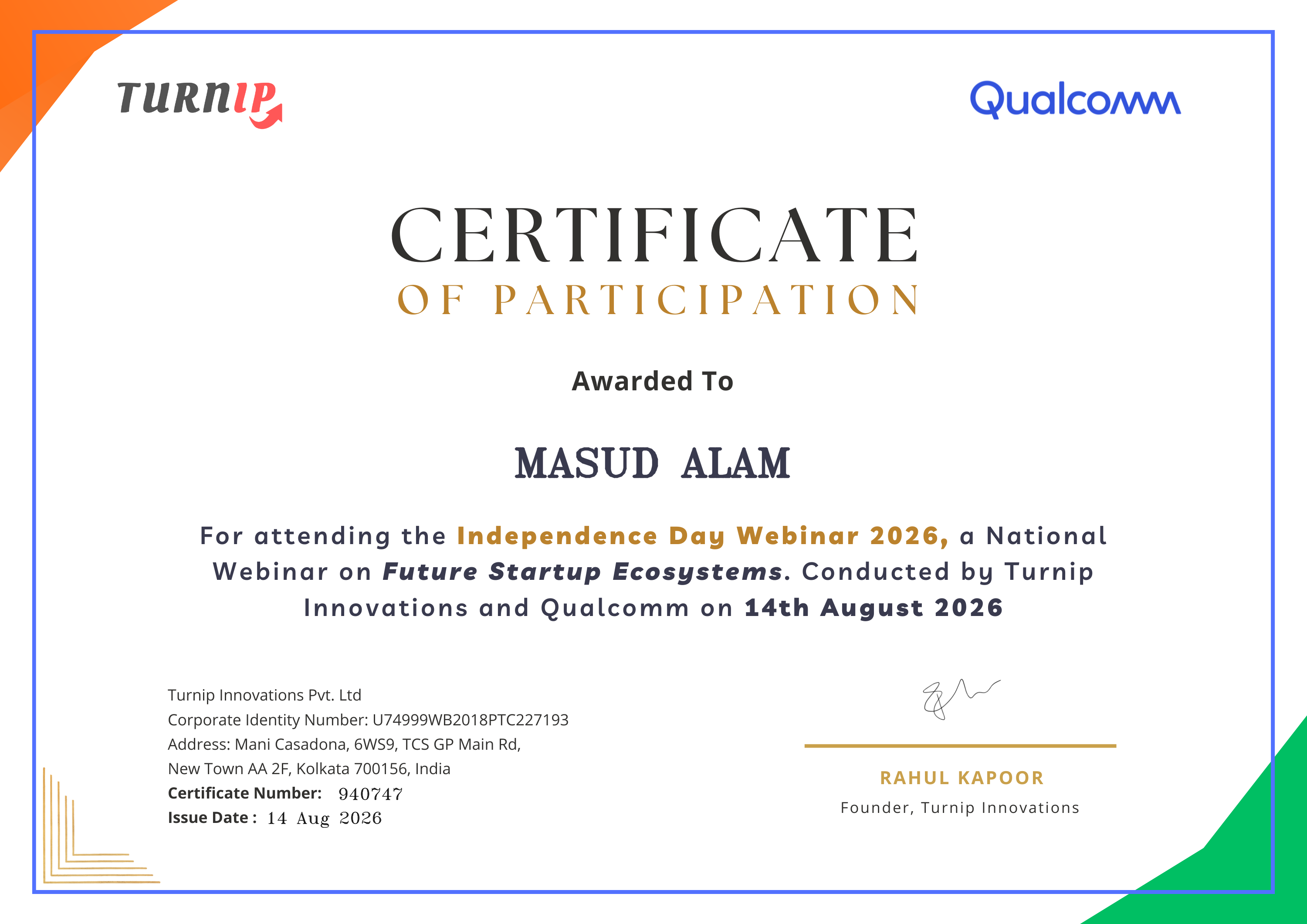 Certificate of Completion for MASUD ALAM