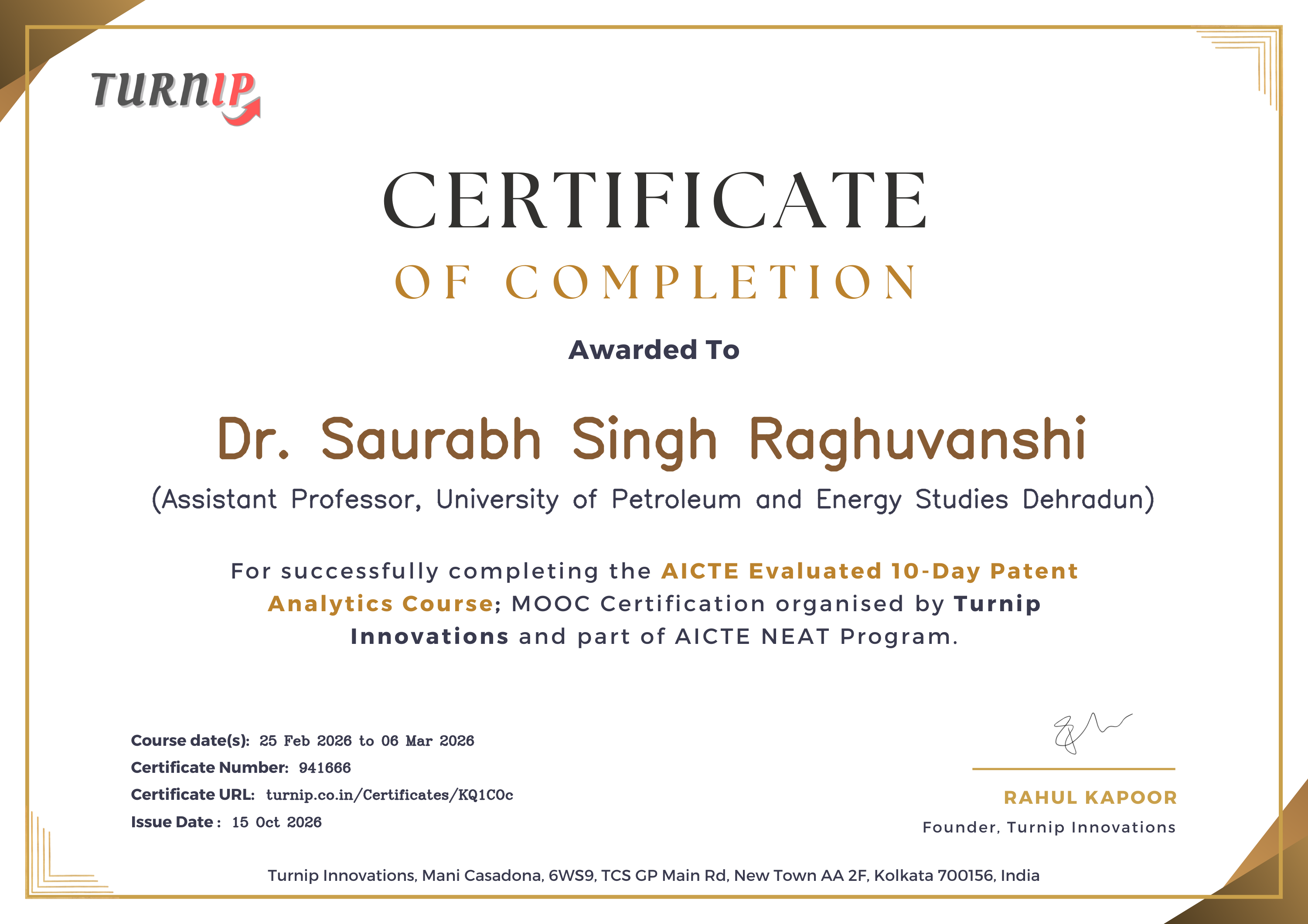 Certificate of Completion for Dr. Saurabh Singh Raghuvanshi