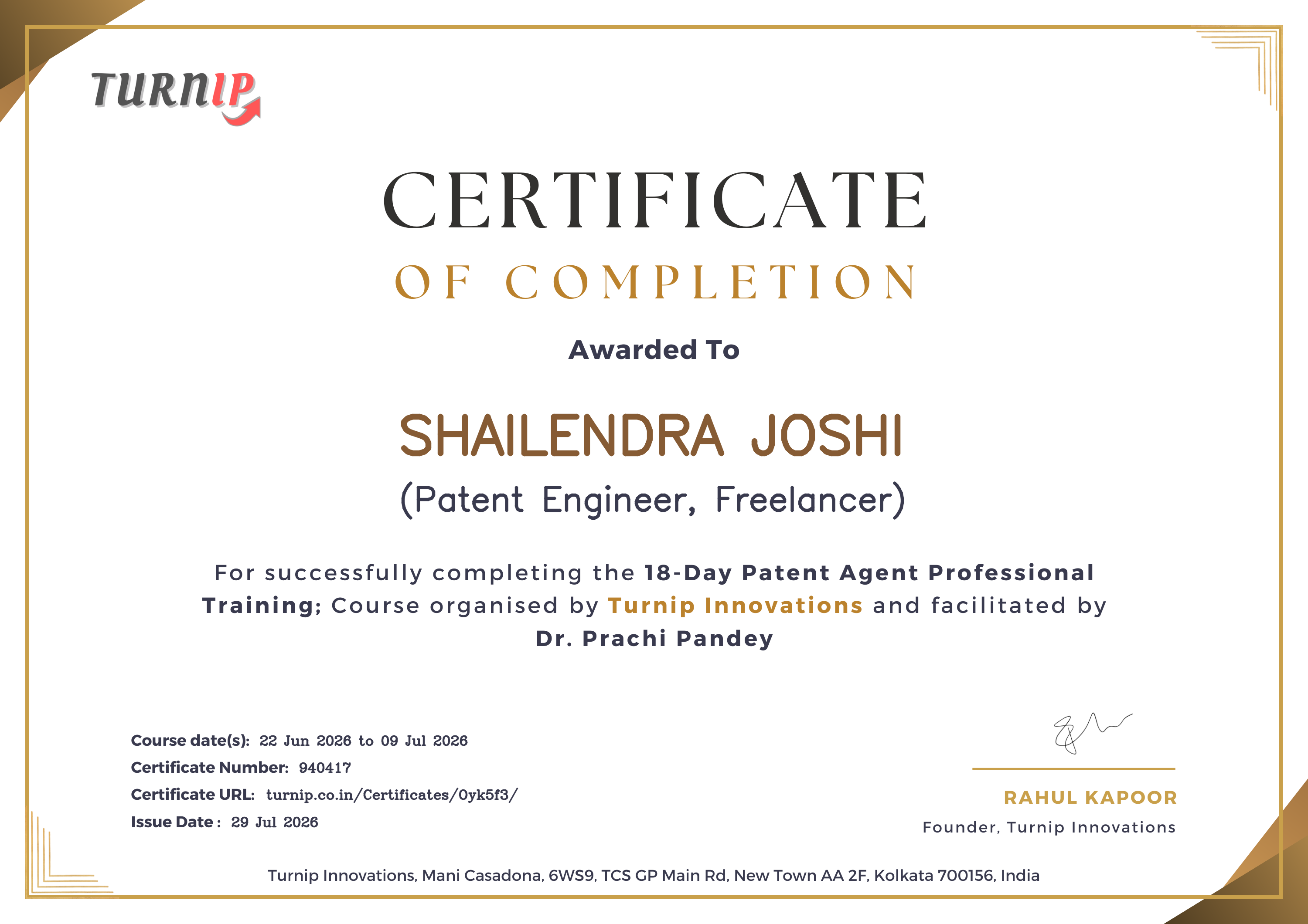Certificate of Completion for SHAILENDRA JOSHI