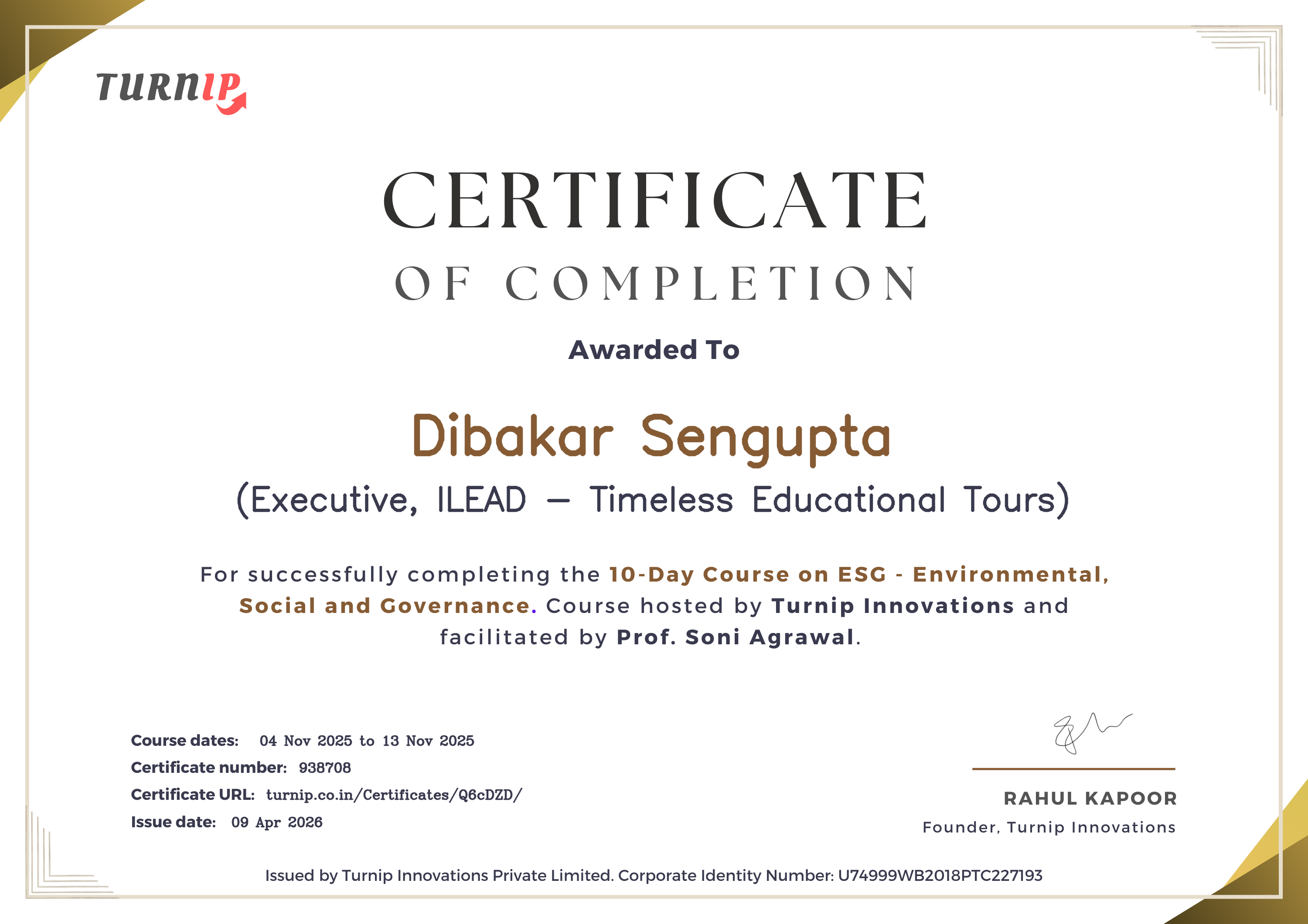 Certificate of Completion for Dibakar Sengupta