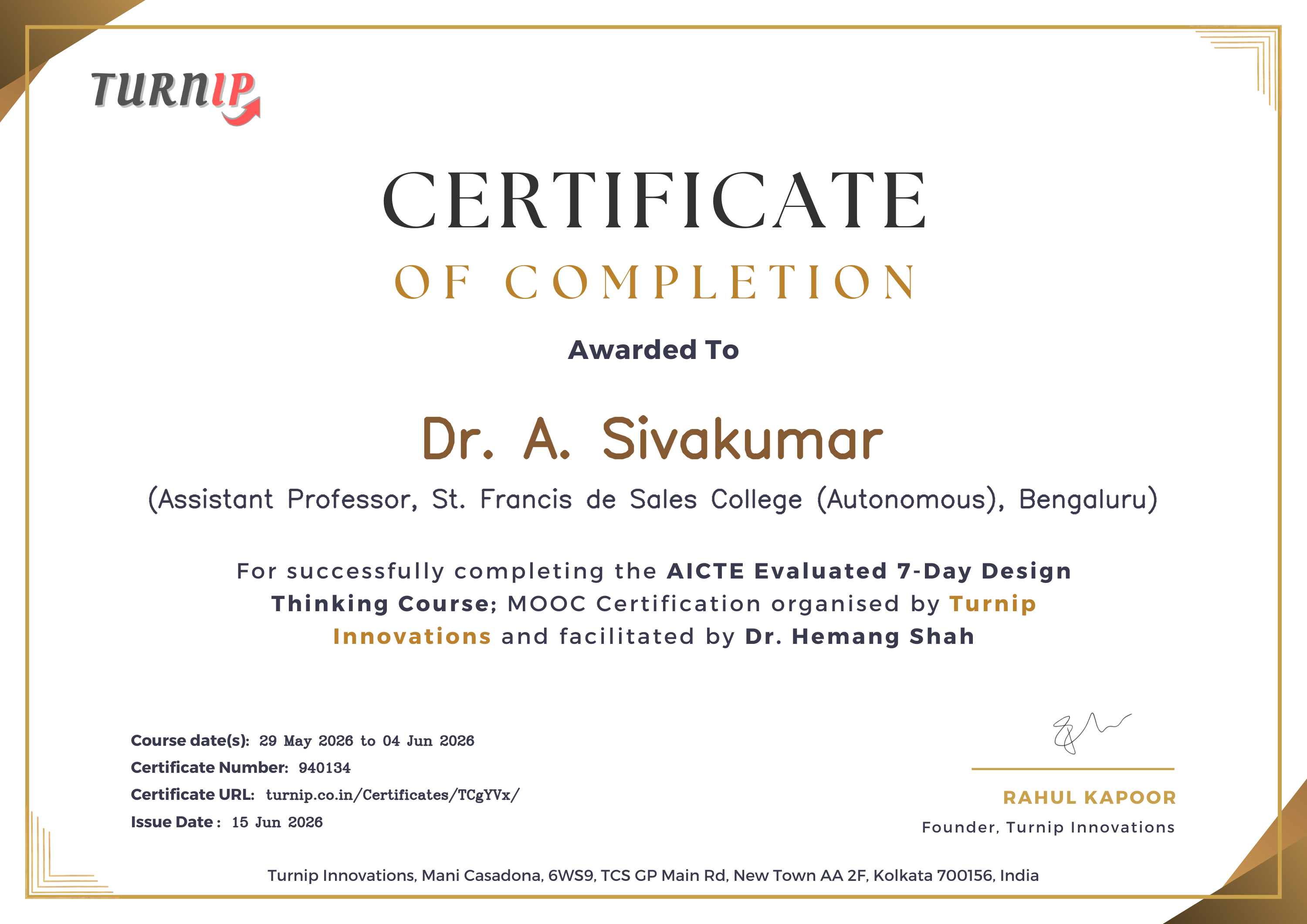 Certificate of Completion for Dr. A. Sivakumar
