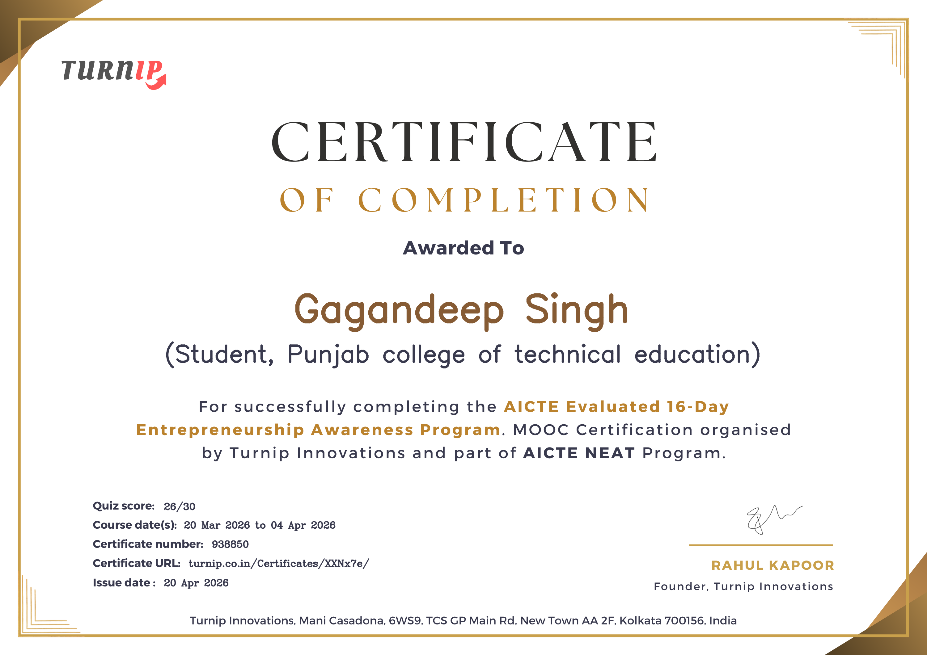 Certificate of Completion for Gagandeep Singh