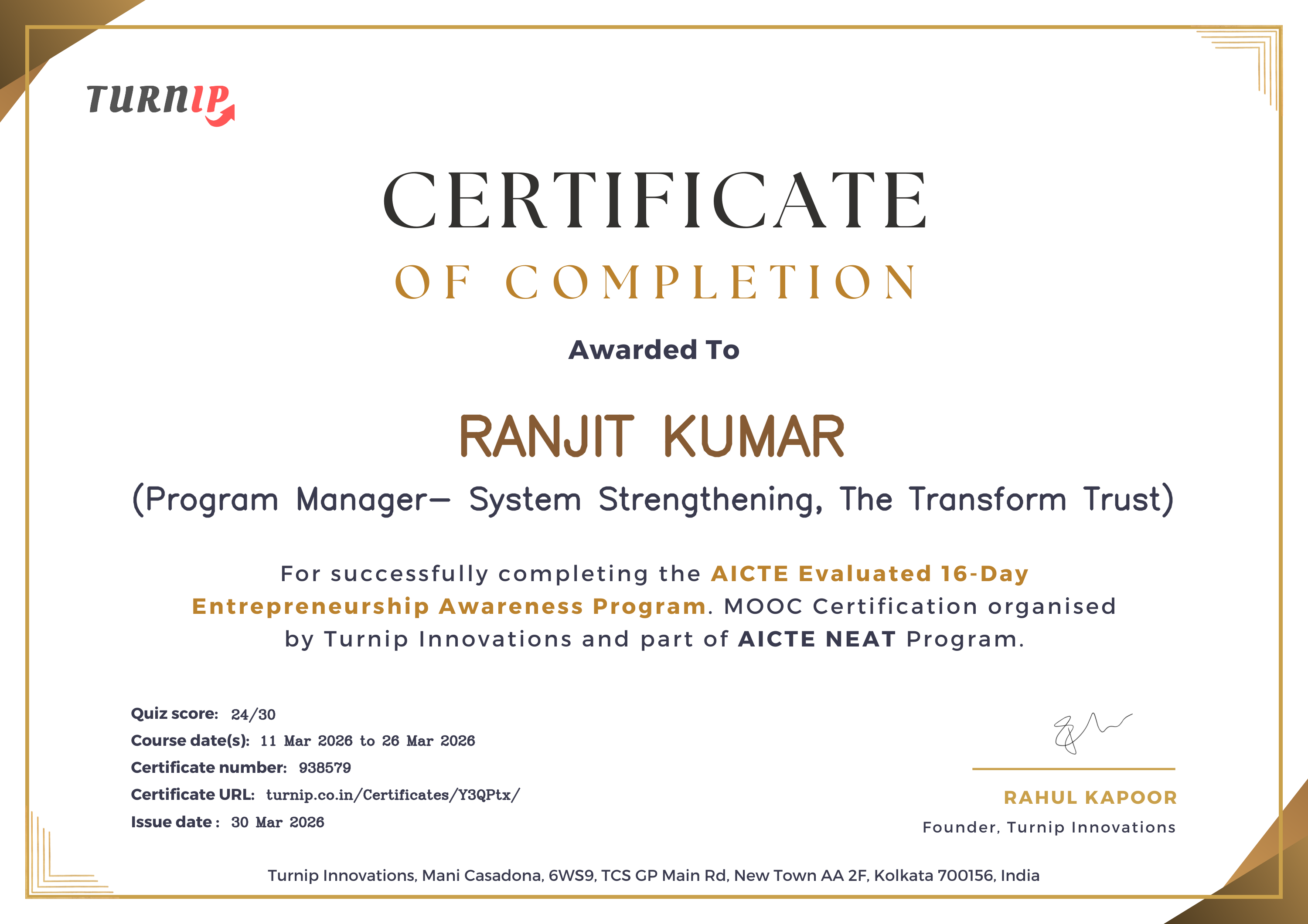 Certificate of Completion for RANJIT KUMAR