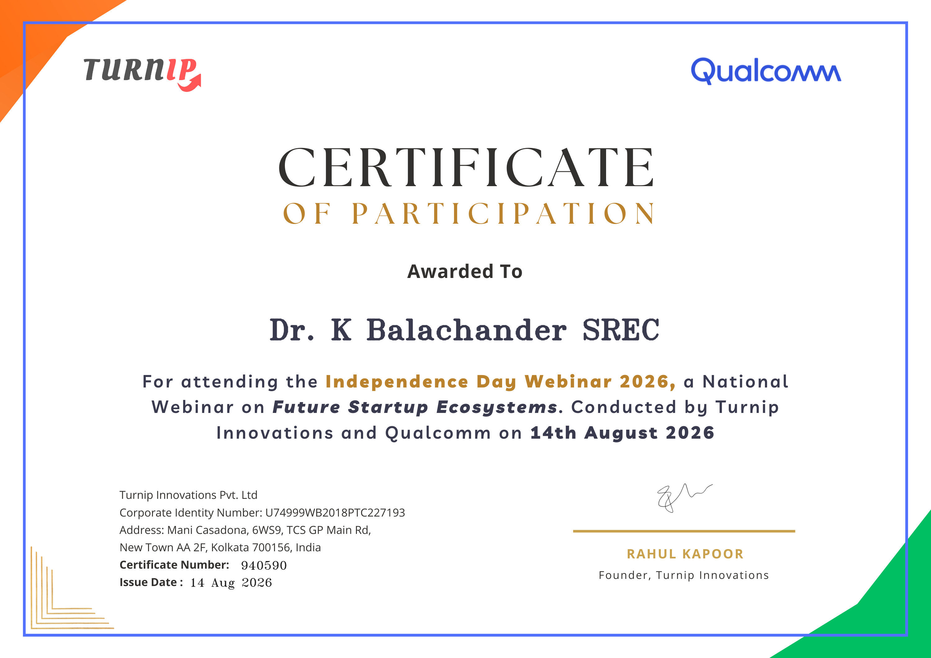 Certificate of Completion for Dr. K Balachander SREC