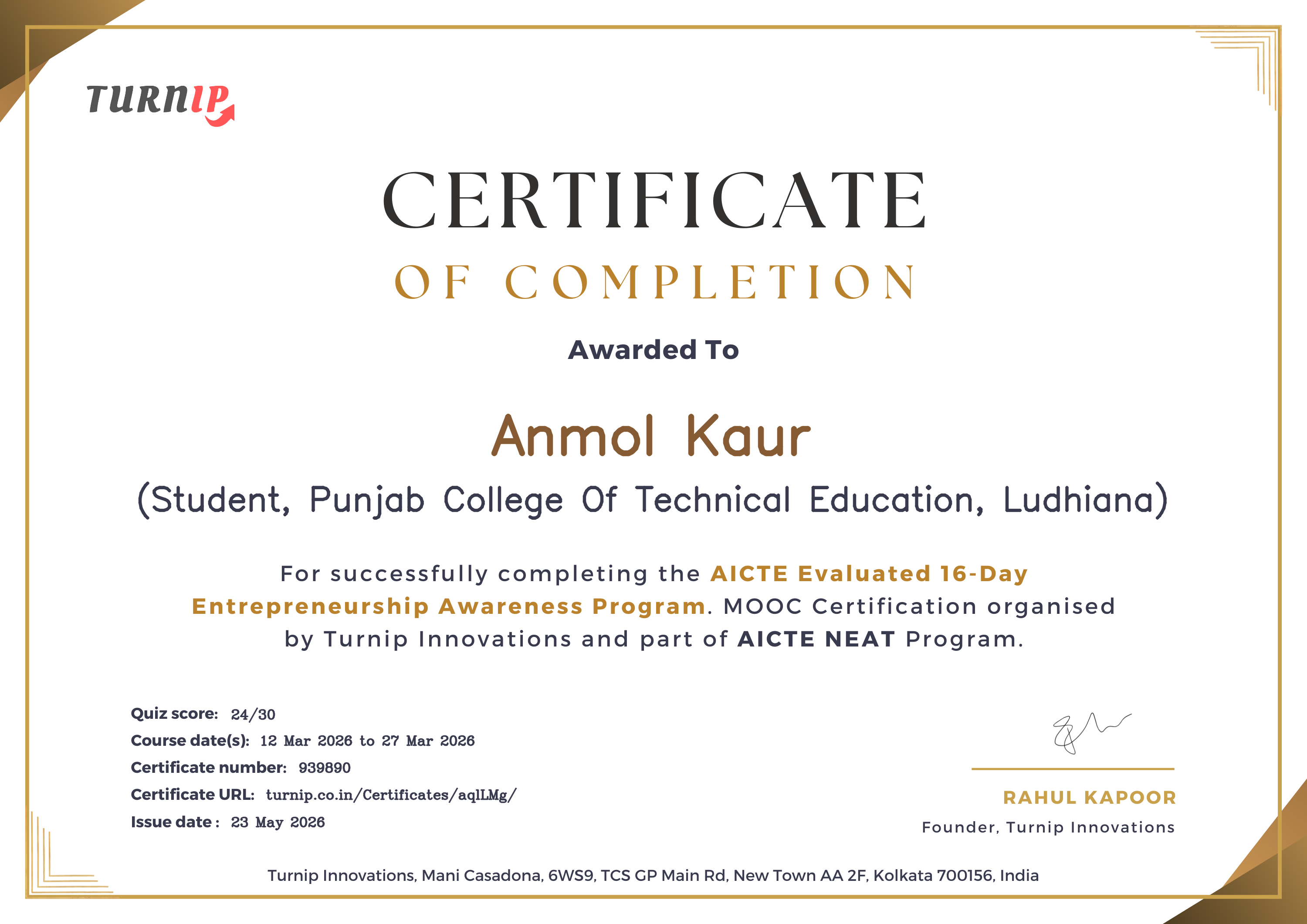 Certificate of Completion for Anmol Kaur