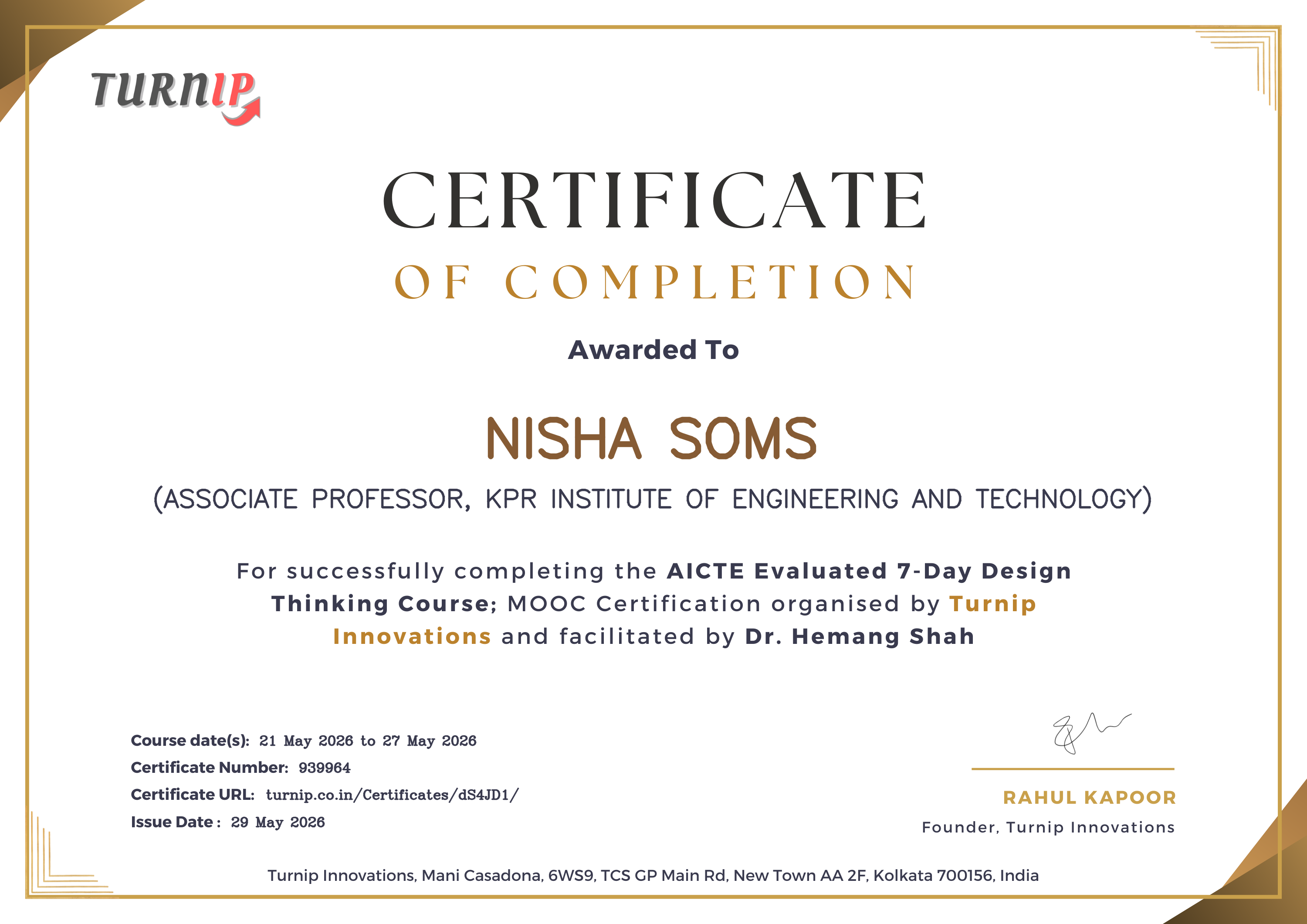 Certificate of Completion for NISHA SOMS