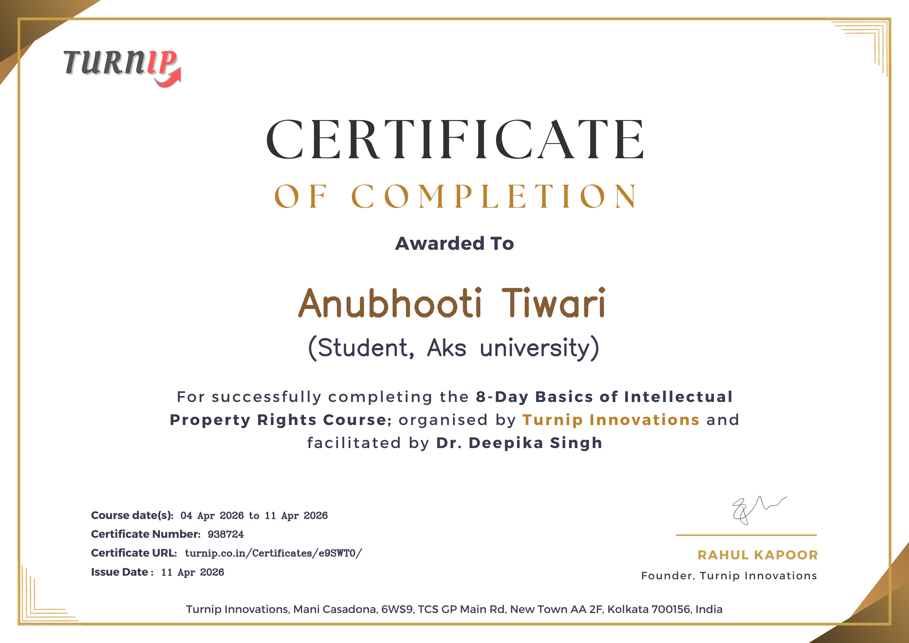 Certificate of Completion for Anubhooti Tiwari