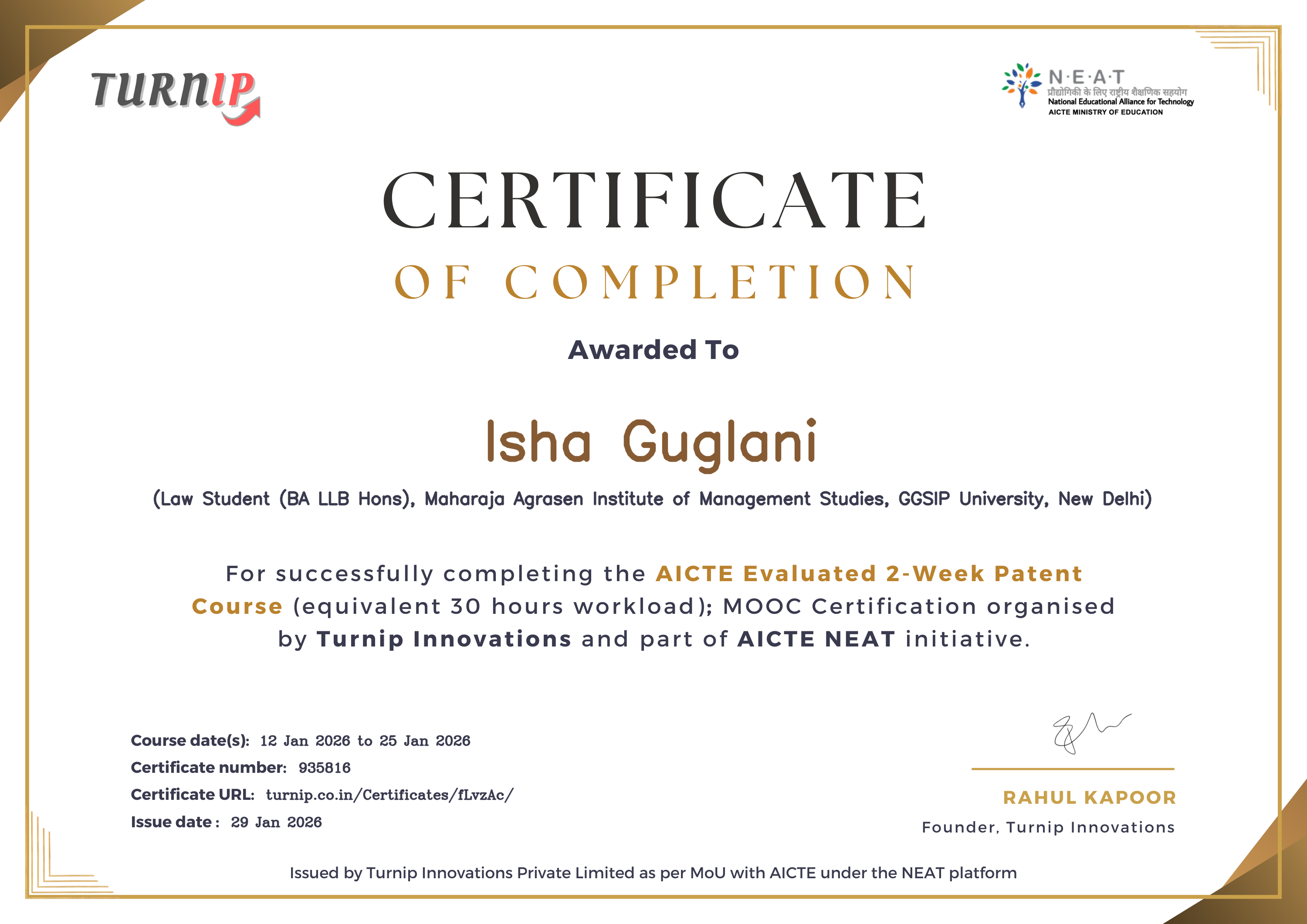 Certificate of Completion for Isha Guglani
