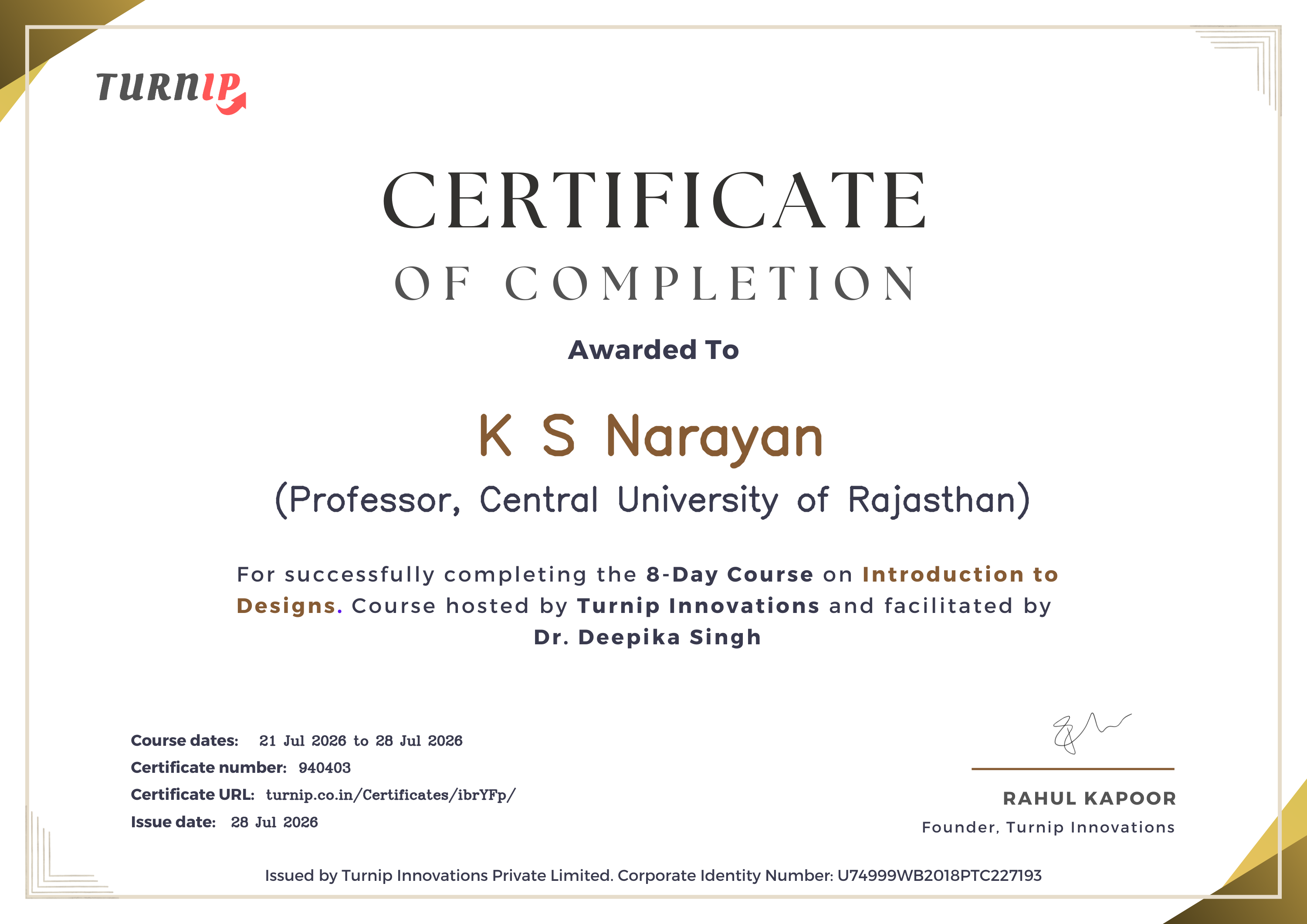 Certificate of Completion for K S Narayan