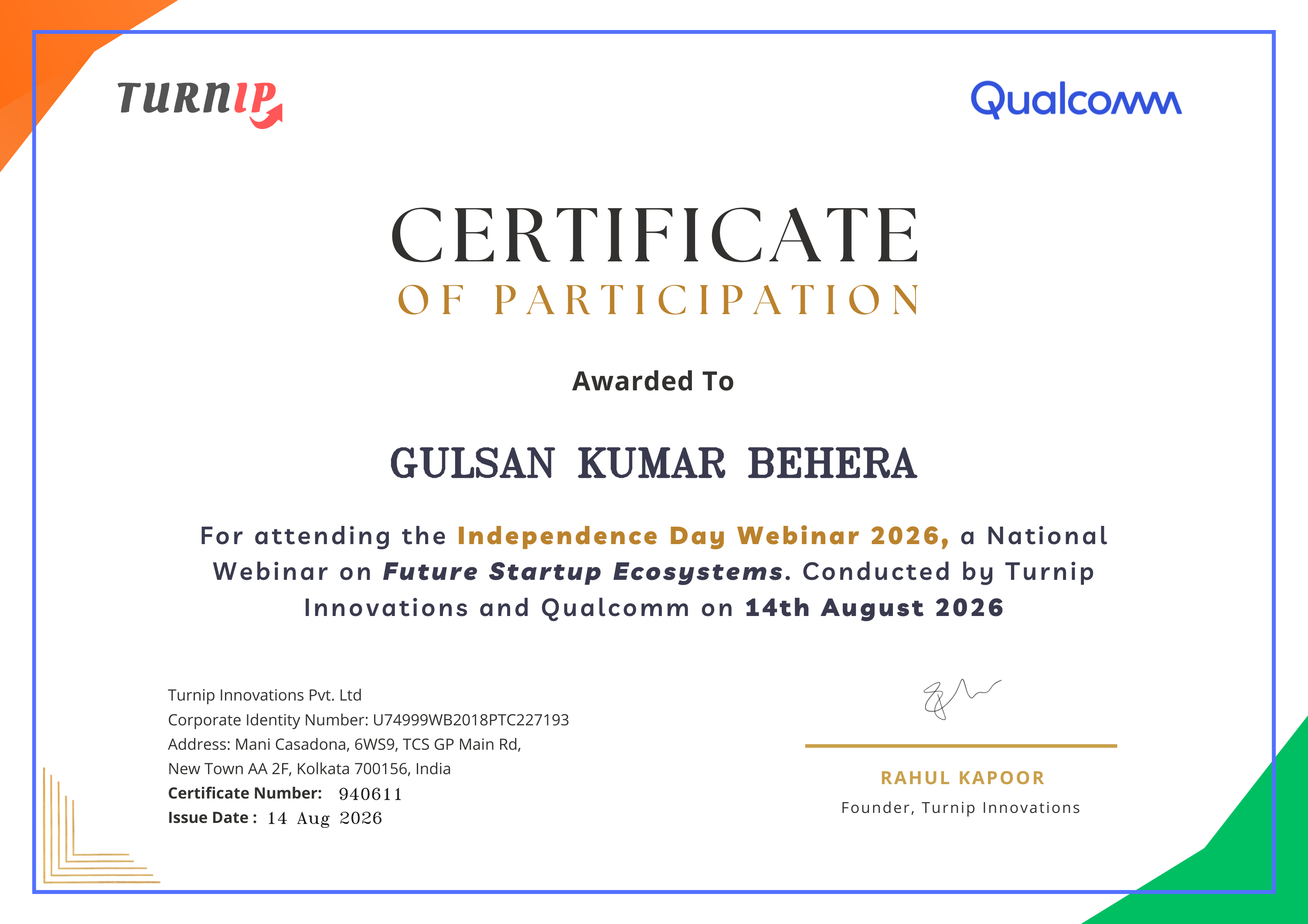 Certificate of Completion for GULSAN KUMAR BEHERA