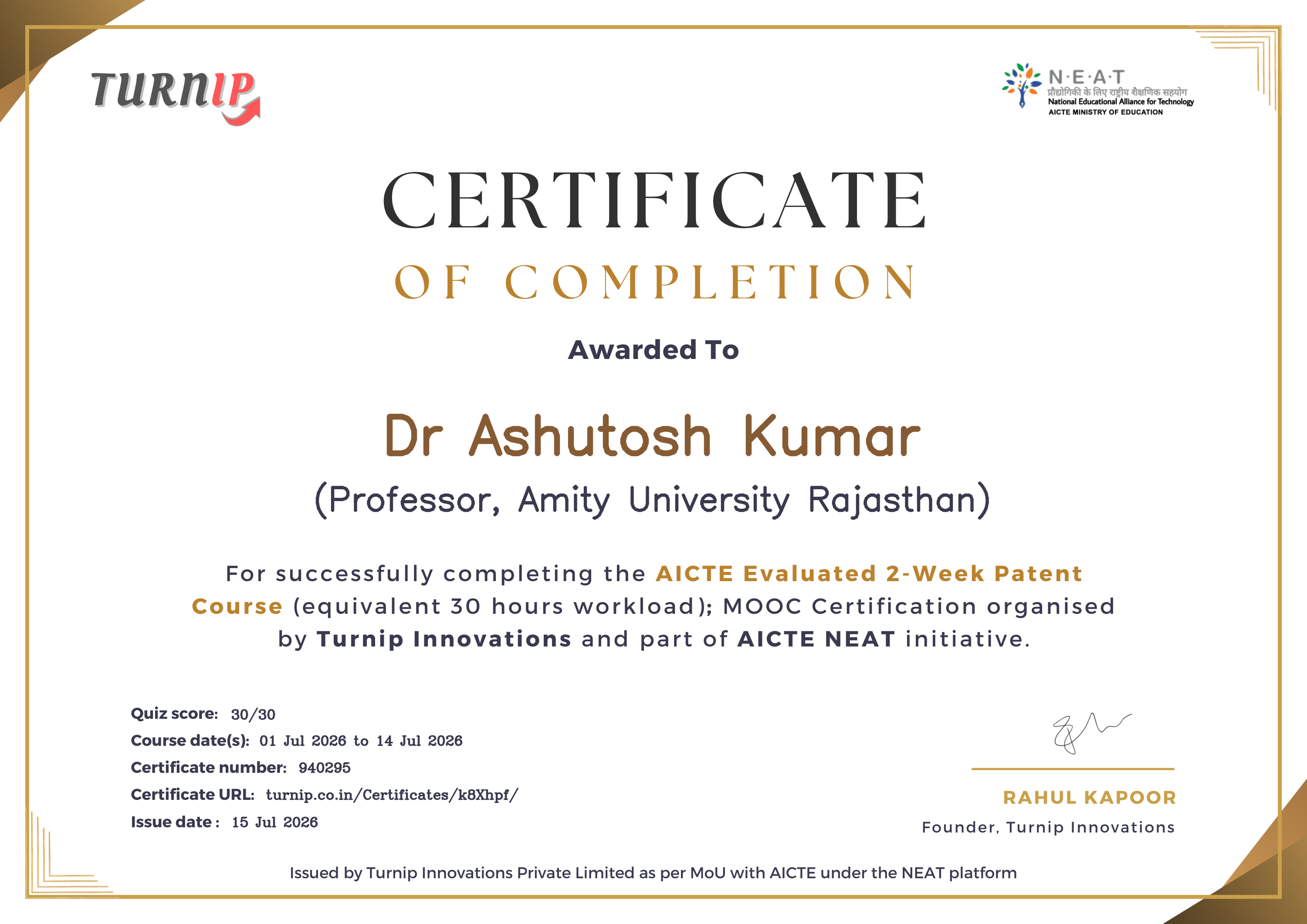 Certificate of Completion for Dr Ashutosh Kumar