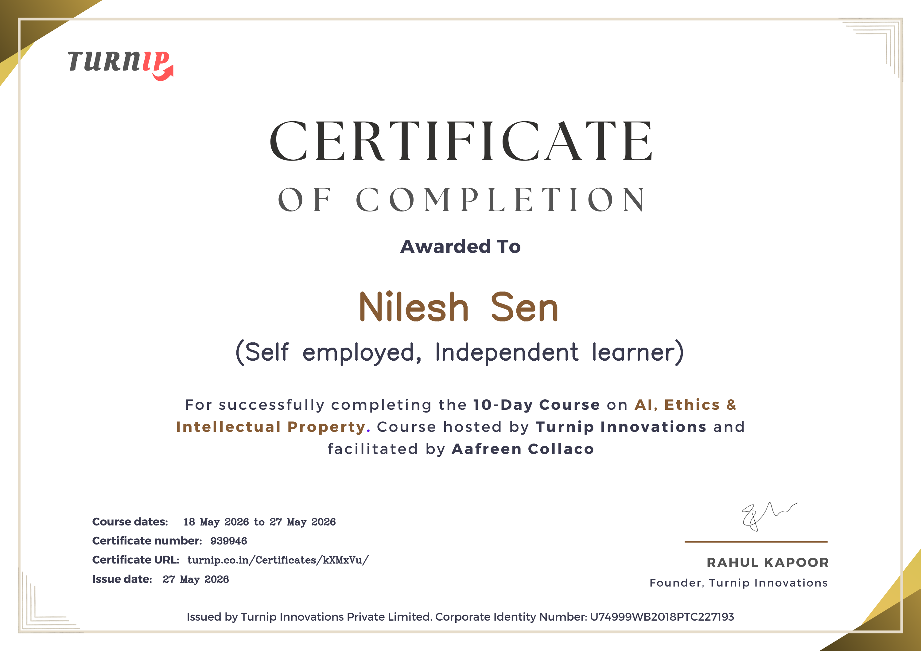Certificate of Completion for Nilesh Sen