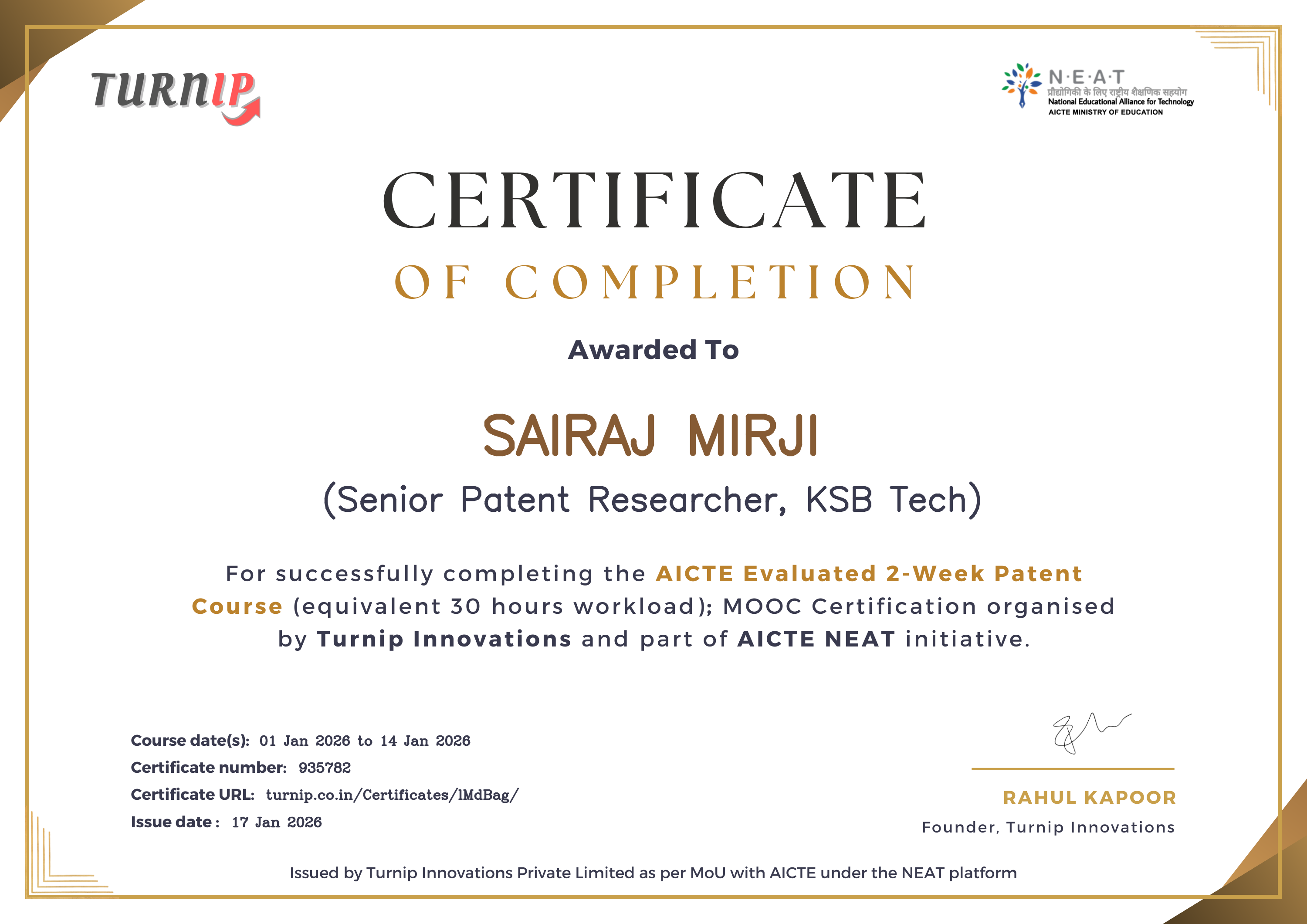 Certificate of Completion for SAIRAJ MIRJI