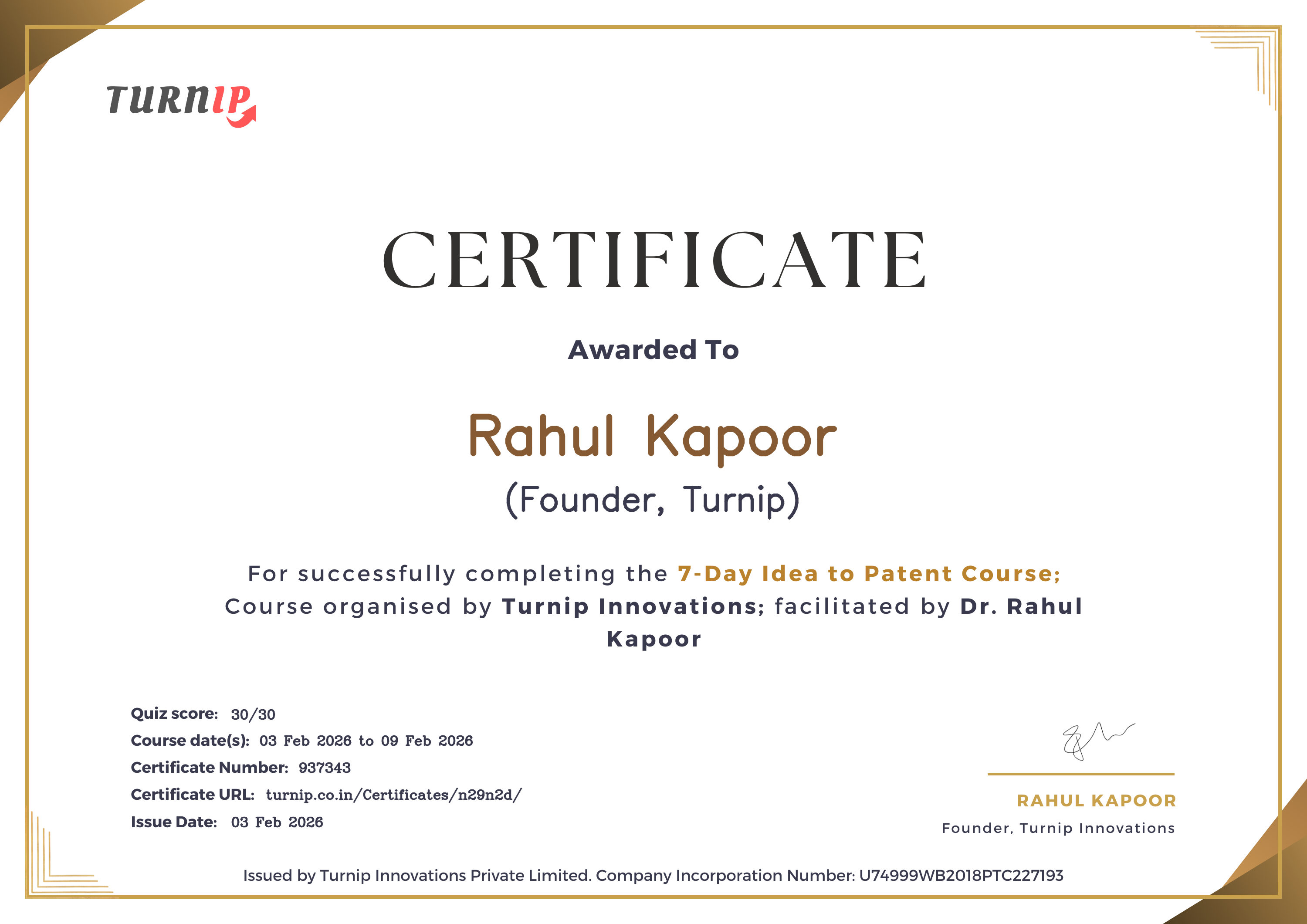 Certificate of Completion for Rahul Kapoor