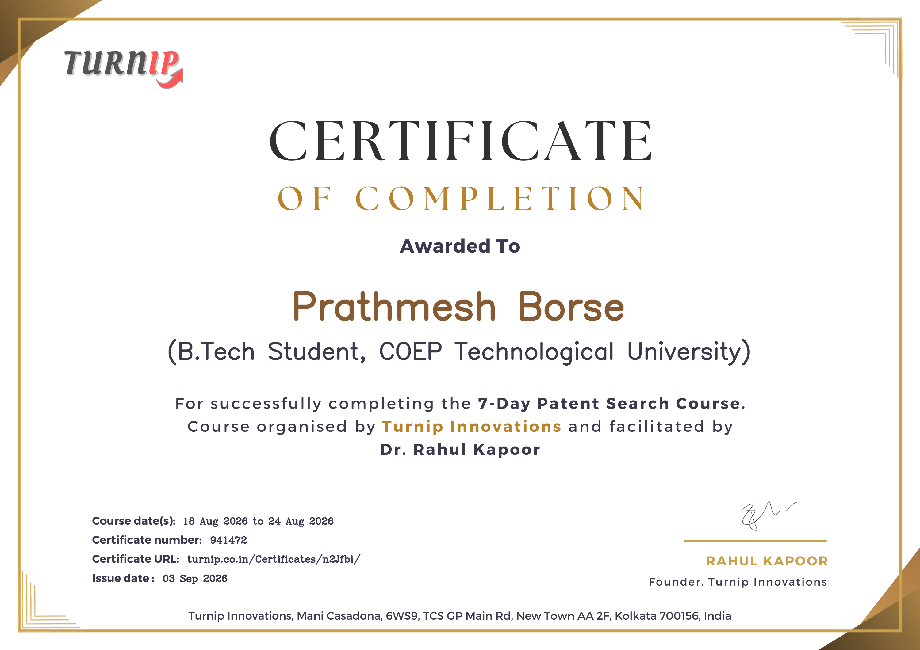 Certificate of Completion for Prathmesh Borse