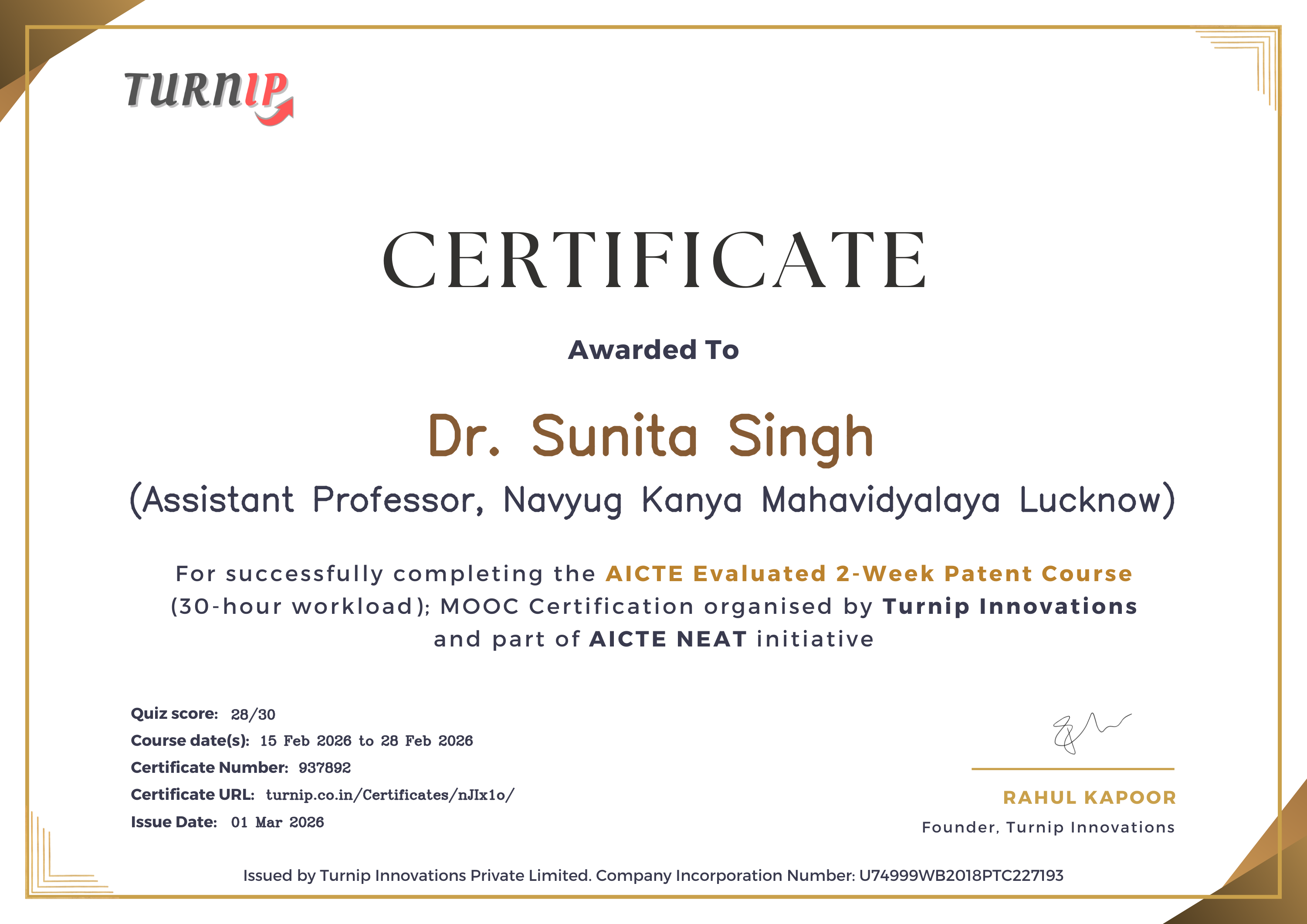 Certificate of Completion for Dr. Sunita Singh