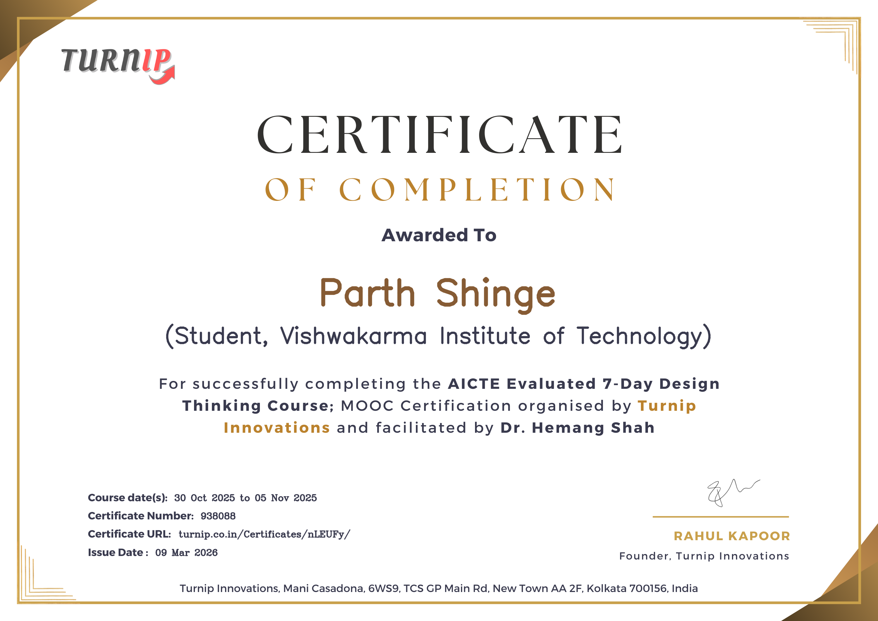 Certificate of Completion for Parth Shinge
