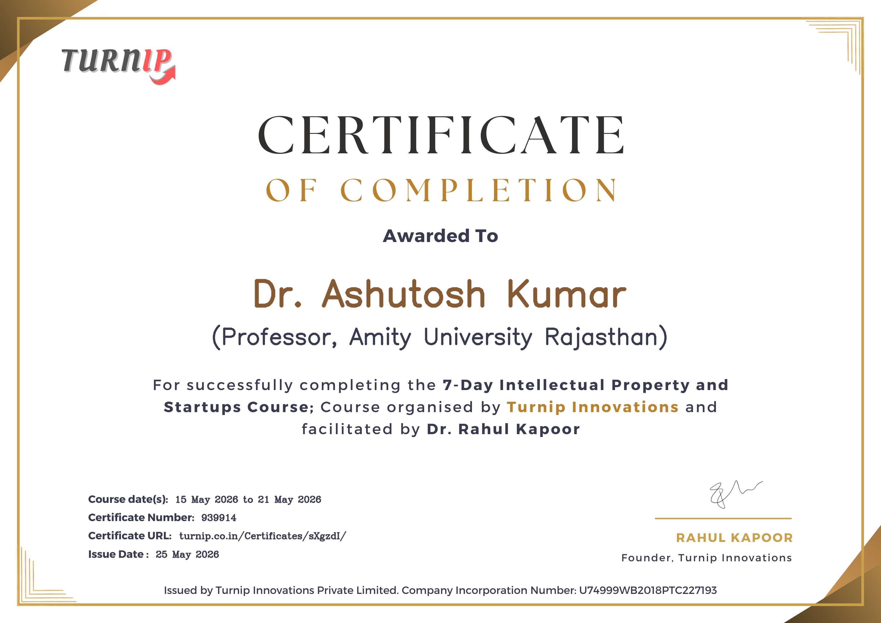 Certificate of Completion for Dr. Ashutosh Kumar