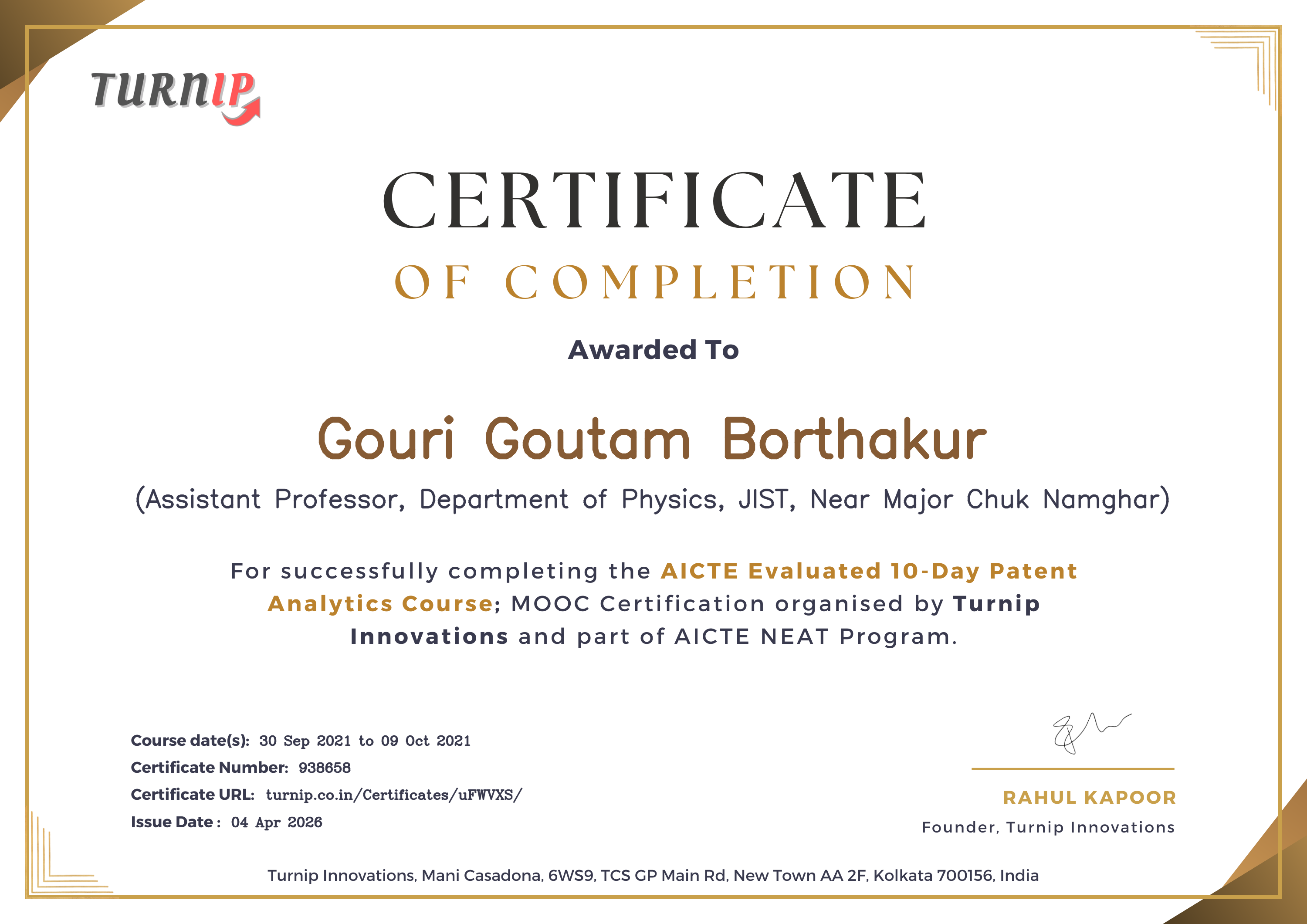 Certificate of Completion for Gouri Goutam Borthakur